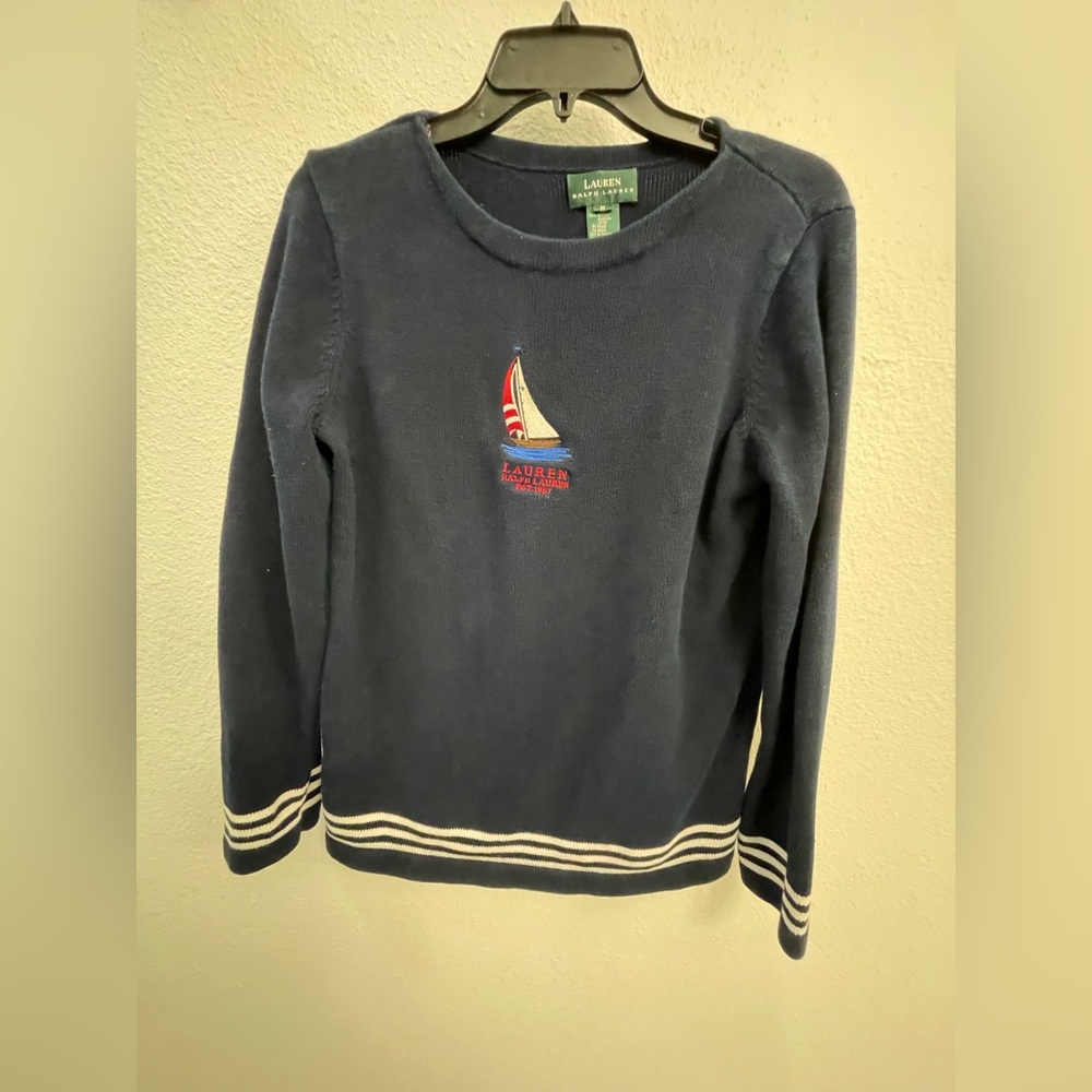 Vintage Lauren Ralph Lauren Navy Sweater with Sailboat Design